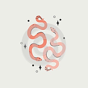 Two abstract rattle snakes boho illustration. Mystical concept with serpents and stars