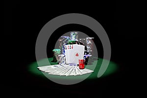 Two aces and dollars with stack of gambling chips