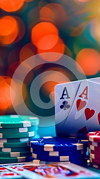 two aces, one of clubs and one of hearts, with a stack of colorful poker chips in the background, all set against a