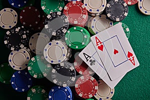 Two aces on the poker table and chips. casino, poker, a pair of aces