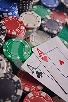 Two aces on the poker table and chips. casino, poker, a pair of aces