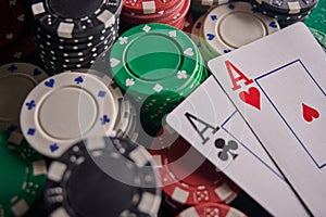 Two aces on the poker table and chips. casino, poker, a pair of aces