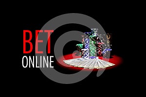 Two aces and Stack of gambling chips on red casino tabl