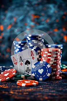 Two aces and stacked chips strategically positioned on green poker table for maximum impact