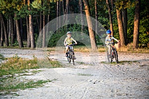 Two active little sibling boys having fun on bikes in forest on warm day