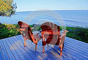 Two adirondack chairs overlooking the lake