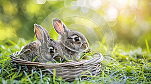 two adorable baby rabbits sit nestled in a cozy basket, against a backdrop of lush green grass.