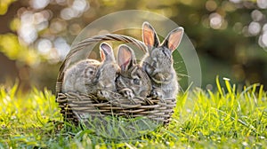 two adorable baby rabbits sit nestled in a cozy basket, against a backdrop of lush green grass.