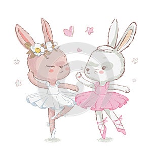 Two Adorable ballerina bunnyes illustration. White dancing rabbits illuatration. Can be used for t-shirt print, kids