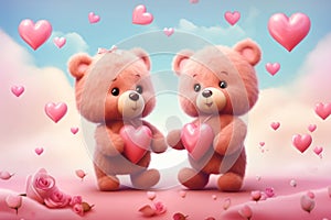 Two adorable bears holding couple, surrounded by floating heart balloons and roses, under a soft blue sky with pink clouds
