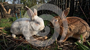 two adorable bunnies, one white and one brown with lop ears, frolicking together amidst lush green grass near a charming