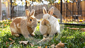 two adorable bunnies, one white and one brown with lop ears, frolicking together amidst lush green grass near a charming