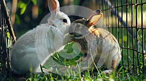 two adorable bunnies, one white and one brown with lop ears, frolicking together amidst lush green grass near a charming