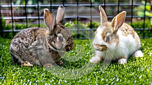 two adorable bunnies, one white and one brown with lop ears, frolicking together amidst lush green grass near a charming