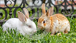 two adorable bunnies, one white and one brown with lop ears, frolicking together amidst lush green grass near a charming