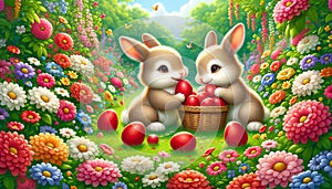 Two adorable bunnies sharing red Easter eggs in a lush garden full of colorful flowers.