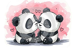 Two Adorable Cartoon Pandas Sharing a Tender Moment With Hearts