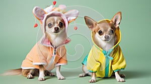 Two adorable Chihuahuas dressed in colorful hooded costumes against a green background