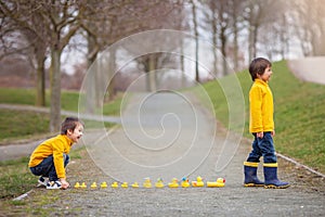 Two adorable children, boy brothers, playing in park with rubber