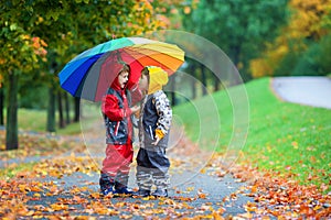 Two adorable children, boy brothers, playing in park with umbrel