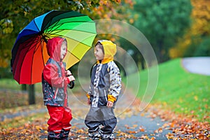 Two adorable children, boy brothers, playing in park with umbrel