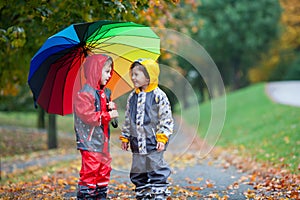 Two adorable children, boy brothers, playing in park with umbrella