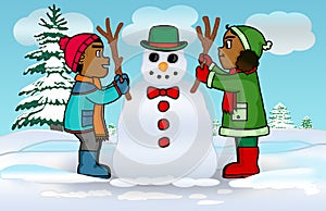 Two adorable children are building a snowman