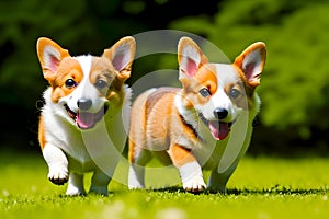 Two adorable Corgi dogs trotting along generated by ai