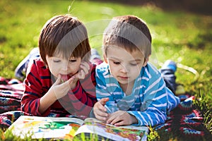 Two adorable cute caucasian boys, lying in the park in a fine su