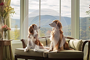 Two adorable dogs relaxing near window with beautiful view, pet friendly hotel and resort business concept. Generative AI