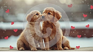 two adorable golden labrador retriever puppies, being in love, sitting together