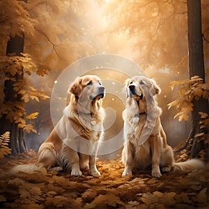 Two adorable golden retrievers sitting against a bright, ethereal forest