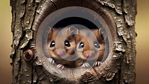 Two adorable hazel dormouse looking out of a tree hole, Close Up