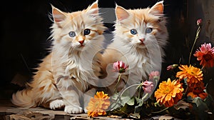 Two Adorable Kittens in a Colorful Portrait with Vibrant Flowers AI Generated photo