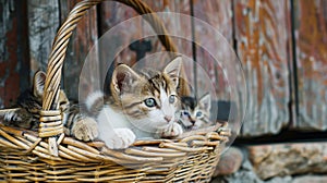 Two adorable kittens are curled up in a wicker basket, their curious gazes fixed on something outside