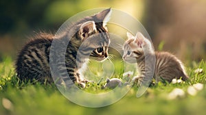 Two Adorable Kittens Playing in a Sunny Green Grass