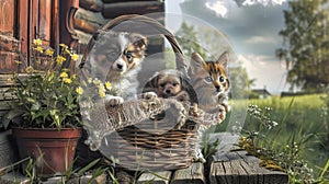 Two adorable kittens sit side by side in a cozy basket on a wooden deck, gazing out with wide eyes full of curiosity
