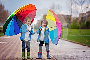 Two adorable little boys, walking in a park on a rainy day, play