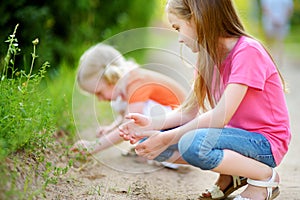 Two adorable little girl catching babyfrogs