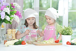 Two adorable little girls in aprons preparing delicious salad