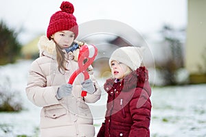 Two adorable little girls having fun with snowball maker in beautiful winter park. Beautiful sisters playing in a snow.