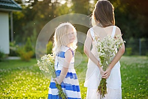 Two adorable little sisters holding wild flowers