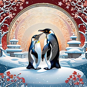 Two adorable penguins stood proudly in their wedding attire, looking like royalty atop a snow-frosted igloo on their