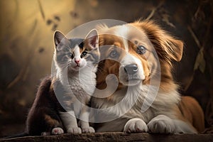 Two adorable pets - cat and dog - snuggled up together in a sweet display of friendship. Generative AI