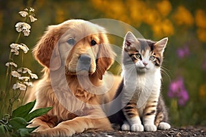 Two adorable pets - cat and dog - snuggled up together in a sweet display of friendship. Generative AI