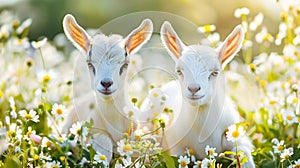 Two adorable and playful baby goats frolicking and exploring a lush flower filled meadow on a peaceful scenic farm photo