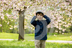 Two adorable preschool children, boy brothers, playing with little chicks