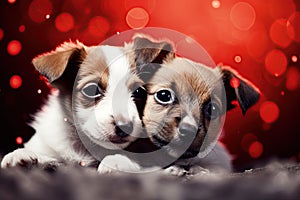 Two adorable puppies in love. Valentines day concept. Postcard, poster design. Generative Ai