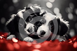 Two adorable puppies in love. Valentines day concept. Postcard, poster design. Generative Ai