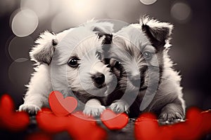 Two adorable puppies in love. Valentines day concept. Postcard, poster design. Generative Ai